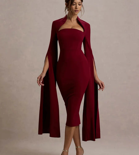Cape Long Sleeve Sexy Midi Dress For Women Autumn Winter New Square Collar Back Slit Bodycon Club Party Long Dress