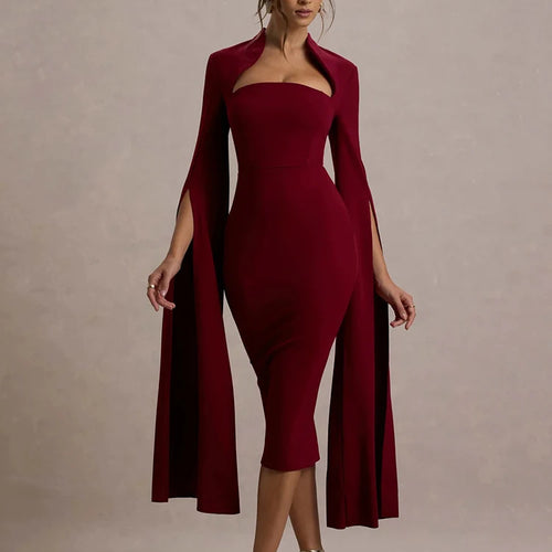 Load image into Gallery viewer, Cape Long Sleeve Sexy Midi Dress For Women Autumn Winter New Square Collar Back Slit Bodycon Club Party Long Dress
