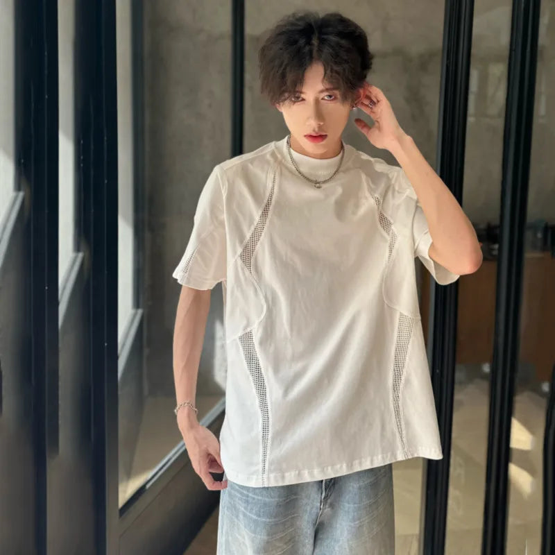 Minimalist Men's T-shirt Mesh Hollow Out Loose Short Sleeve Casual Male Pullover Tees Trend Summer 9C6181