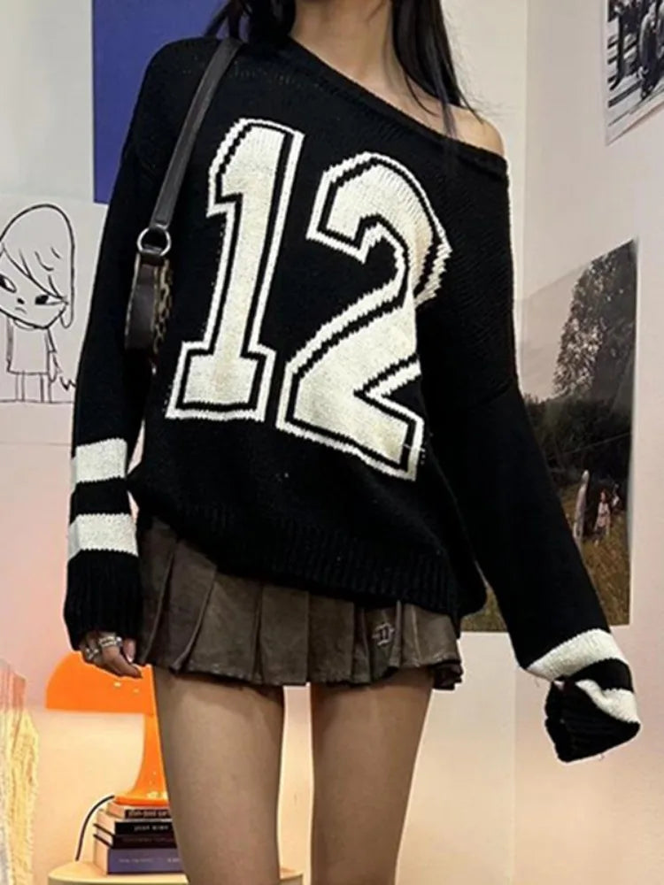 Harajuku Vintage Grunge Letter Sweaters Women Y2k Aesthetic Patchwork Slash Neck Jumpers Streetwear Casual Gothic Pullovers