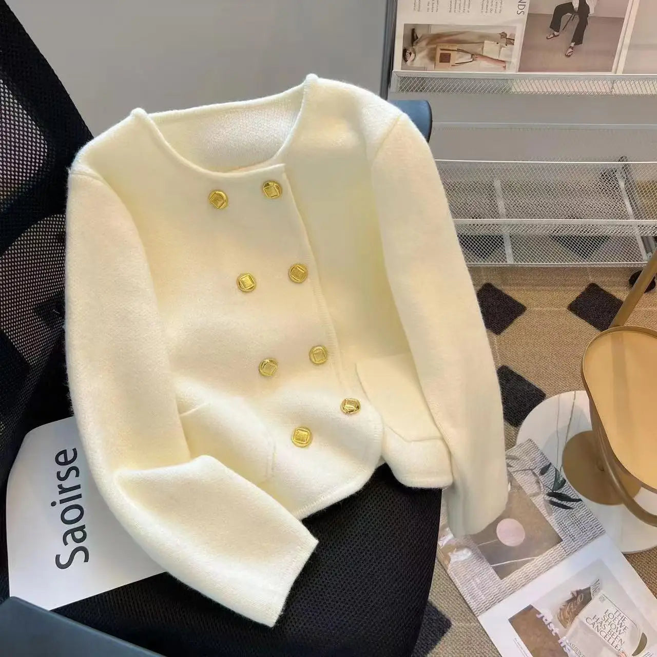 Autumn Winter Red White Long Sleeves Knitted Sweater French Women's Elegant Brown Double Breasted Versatile Pullover Tops Street