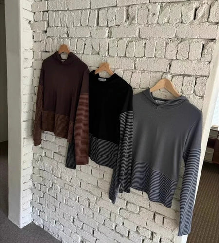 Korean Vintage T Shirts Women Clothing Patchwork Striped Tees Hooded Long Sleeve Camisetas Y2k Tops Casual Fashion Tunic Tshirt