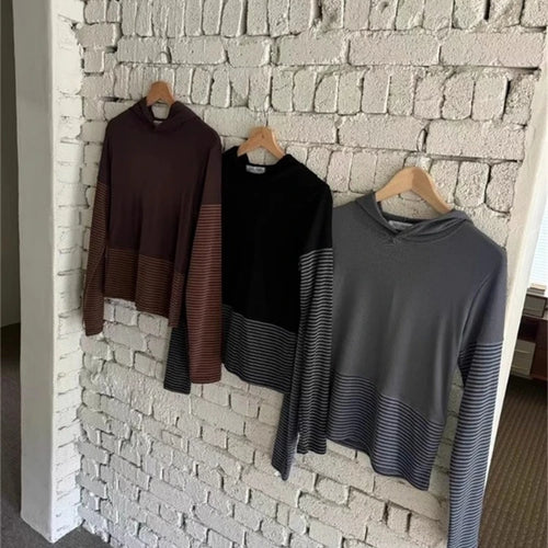 Load image into Gallery viewer, Korean Vintage T Shirts Women Clothing Patchwork Striped Tees Hooded Long Sleeve Camisetas Y2k Tops Casual Fashion Tunic Tshirt
