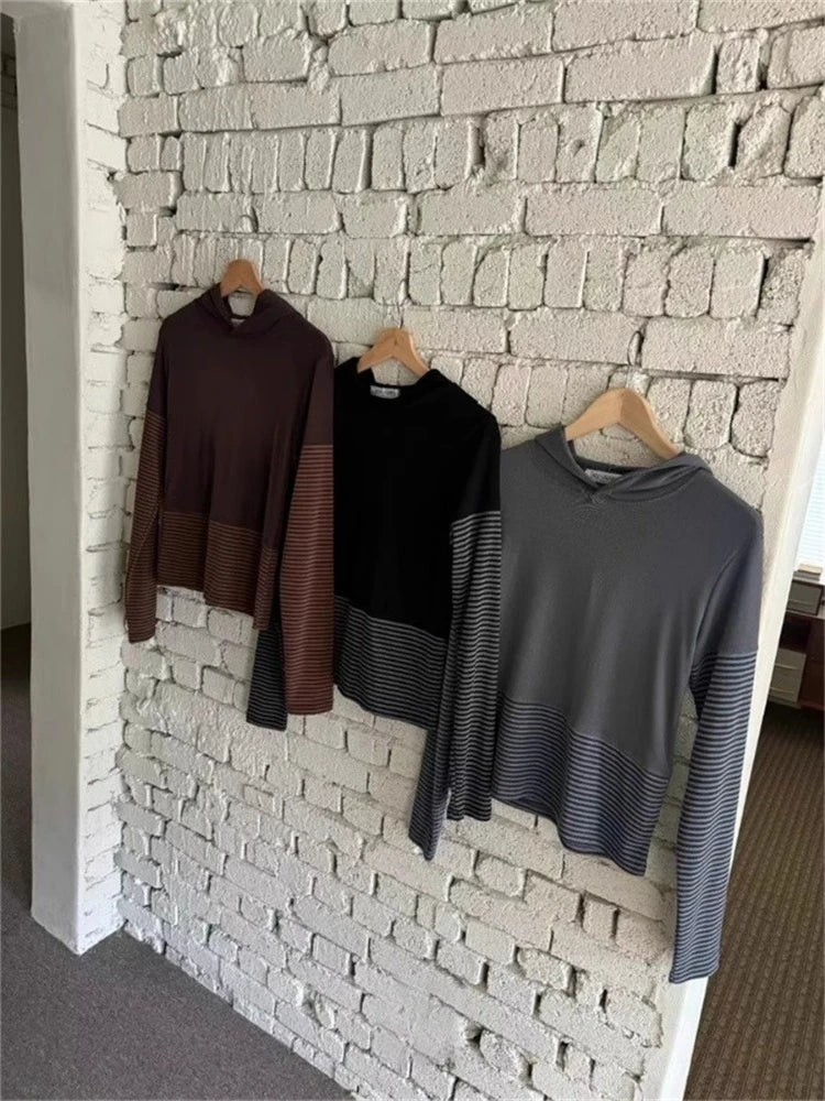 Korean Vintage T Shirts Women Clothing Patchwork Striped Tees Hooded Long Sleeve Camisetas Y2k Tops Casual Fashion Tunic Tshirt