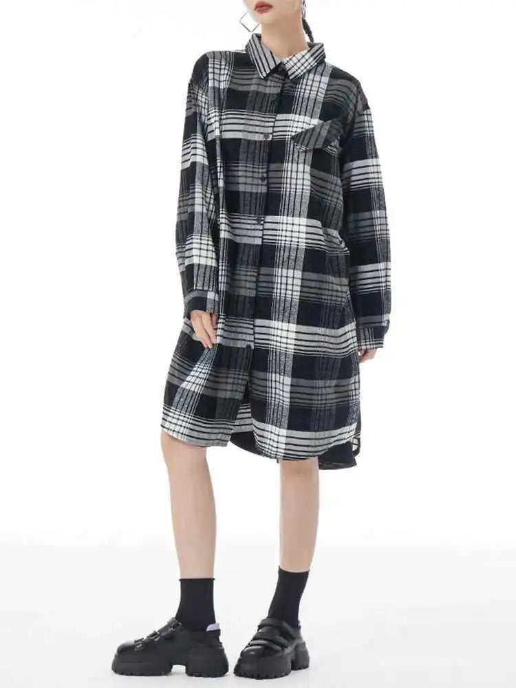 Women Plaid Big Size Knee-Length Shirt Dress New Lapel Long Sleeve A-line Loose Fit Fashion Spring Autumn 2025 1DH2091