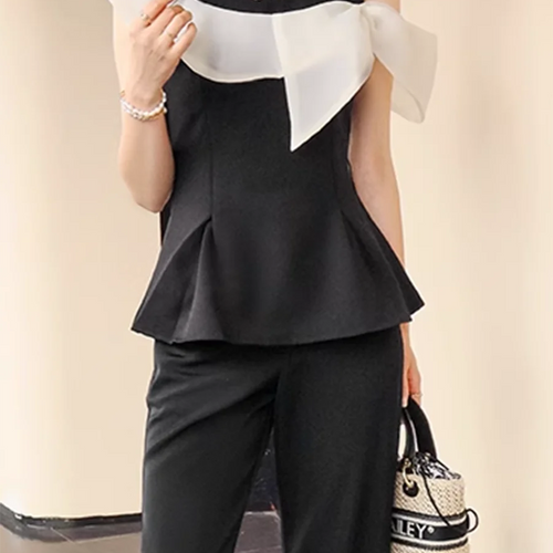 Load image into Gallery viewer, Hit Color Two Piece Set For Women O Neck Sleeveless Tunic Top High Waist Temperament Slim Pant Sets Female Fashion
