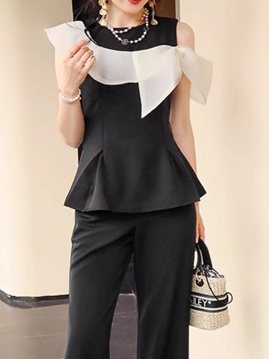 Hit Color Two Piece Set For Women O Neck Sleeveless Tunic Top High Waist Temperament Slim Pant Sets Female Fashion