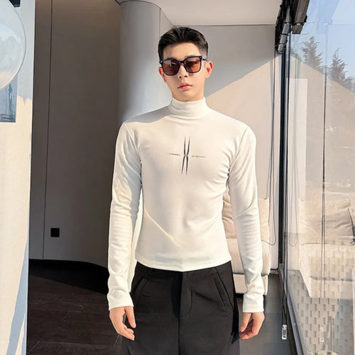 Load image into Gallery viewer, Elastic Close-fitting Men&#39;s Printing Long Sleeve T-shirts Korean Fashion Male Niche Design Mock Neck Spring 9C3706
