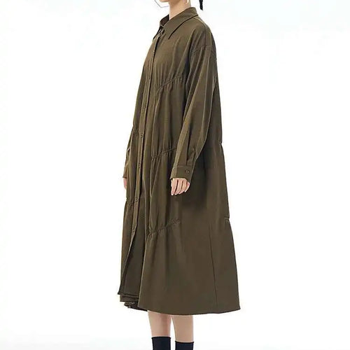 Load image into Gallery viewer, Women Coffee Pleated Spliced Big Size Midi Shirt Dress New Lapel Long Sleeve Fashion Tide Spring Autumn 2025 1DH7416
