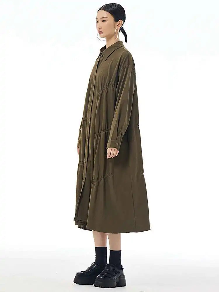Women Coffee Pleated Spliced Big Size Midi Shirt Dress New Lapel Long Sleeve Fashion Tide Spring Autumn 2025 1DH7416