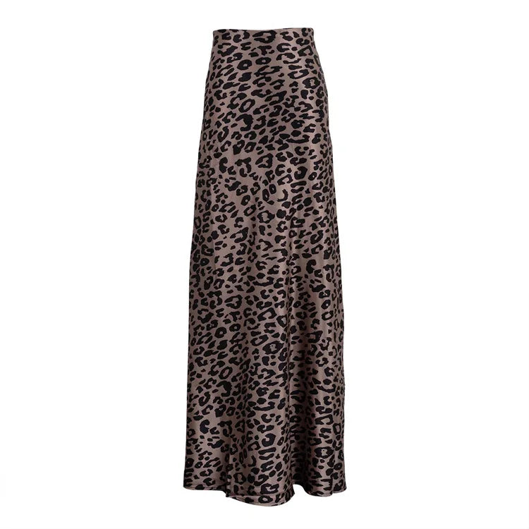 Satin Leopard Print Long Skirt Women Fashion High Waist Maxi Fishtail Skirt Ladies Fashion With Zipper Sexy Skirts