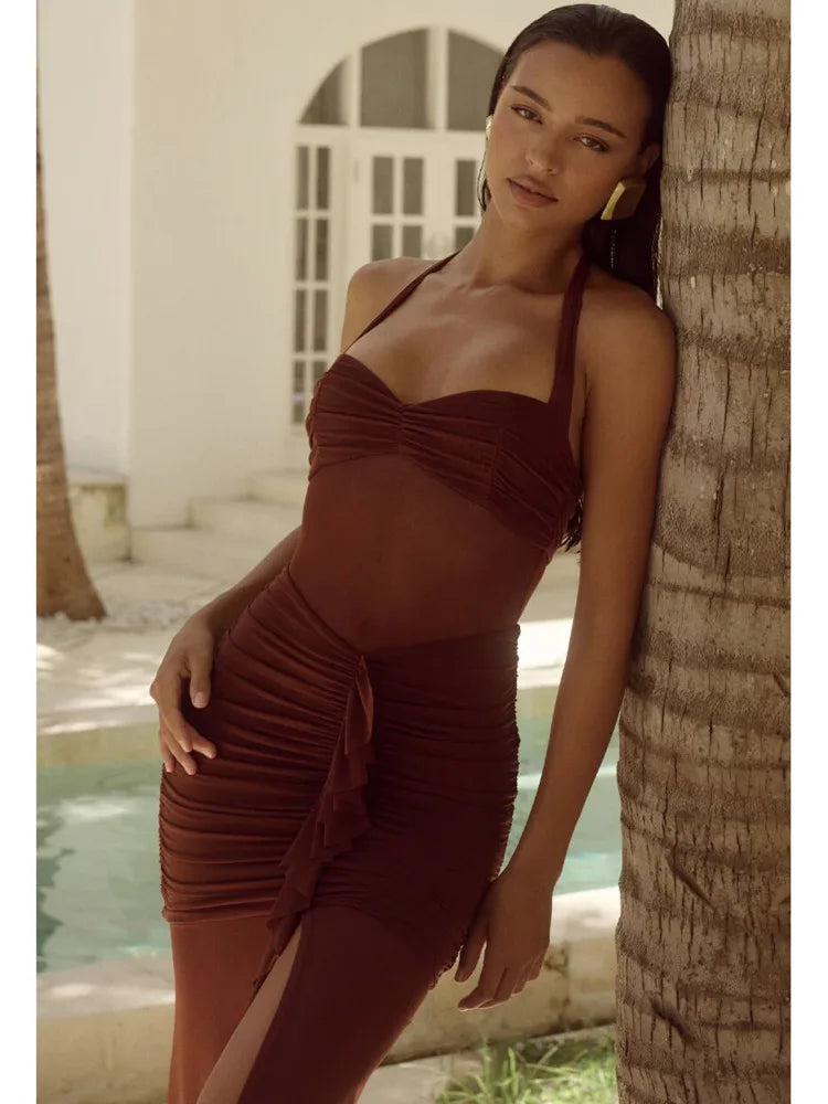 Elegant Mesh Perspective Double Layer Long Dress Women Sexy Backless Bodycon Split Evening Dress Party Holiday Vestido