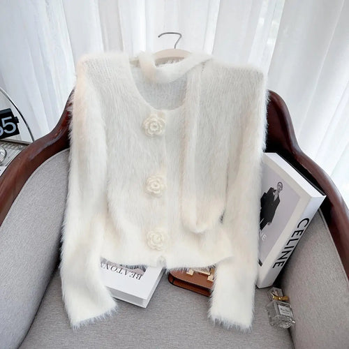 Load image into Gallery viewer, French Vintage Women Solid Elegant Long Sleeve Knitted Mink Sweater 2024 New Autumn Winter Ladies Round Neck Flower Cardigan Top
