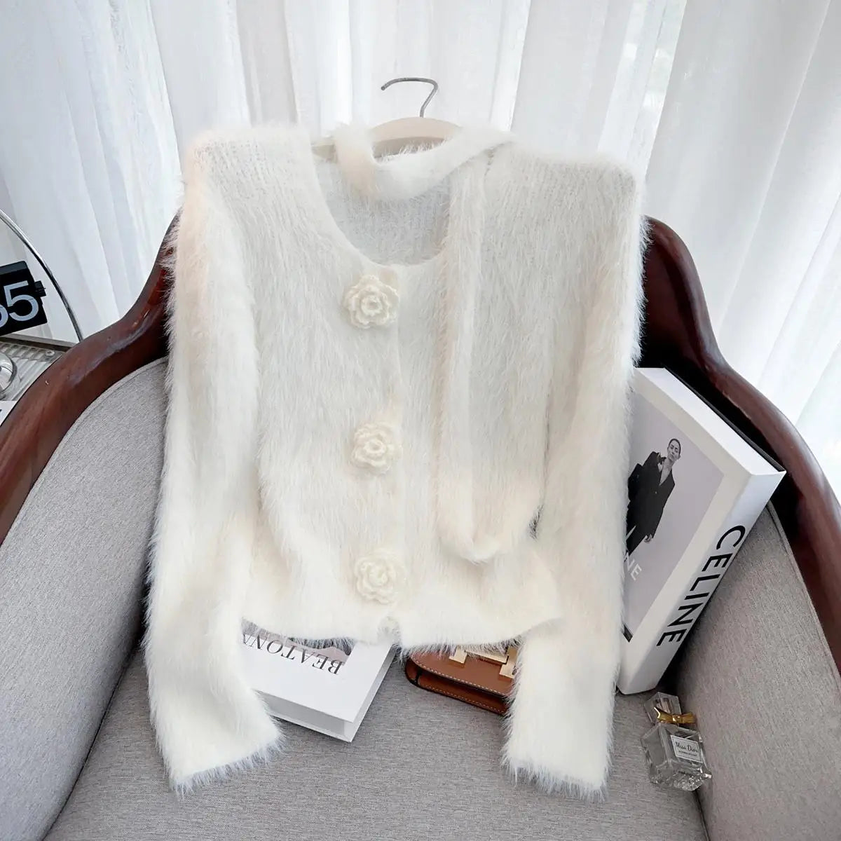French Vintage Women Solid Elegant Long Sleeve Knitted Mink Sweater 2024 New Autumn Winter Ladies Round Neck Flower Cardigan Top