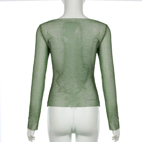 Load image into Gallery viewer, Harajuku Star Appliques Green Fishnet Top Slim Streetwear Summer T shirt Female Hollow Out Basic Tee Shirts Clothing
