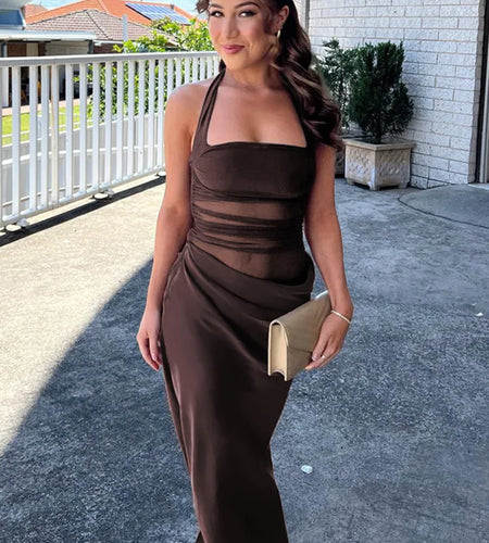 Mesh Patchwork Backless Sexy Maxi Dress For Women Gown Fashion Halter Sleeveless Strapless Bodycon Club Long Dress