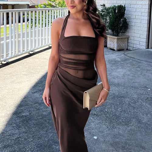 Load image into Gallery viewer, Mesh Patchwork Backless Sexy Maxi Dress For Women Gown Fashion Halter Sleeveless Strapless Bodycon Club Long Dress
