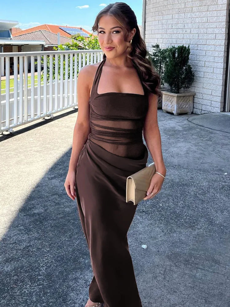 Mesh Patchwork Backless Sexy Maxi Dress For Women Gown Fashion Halter Sleeveless Strapless Bodycon Club Long Dress