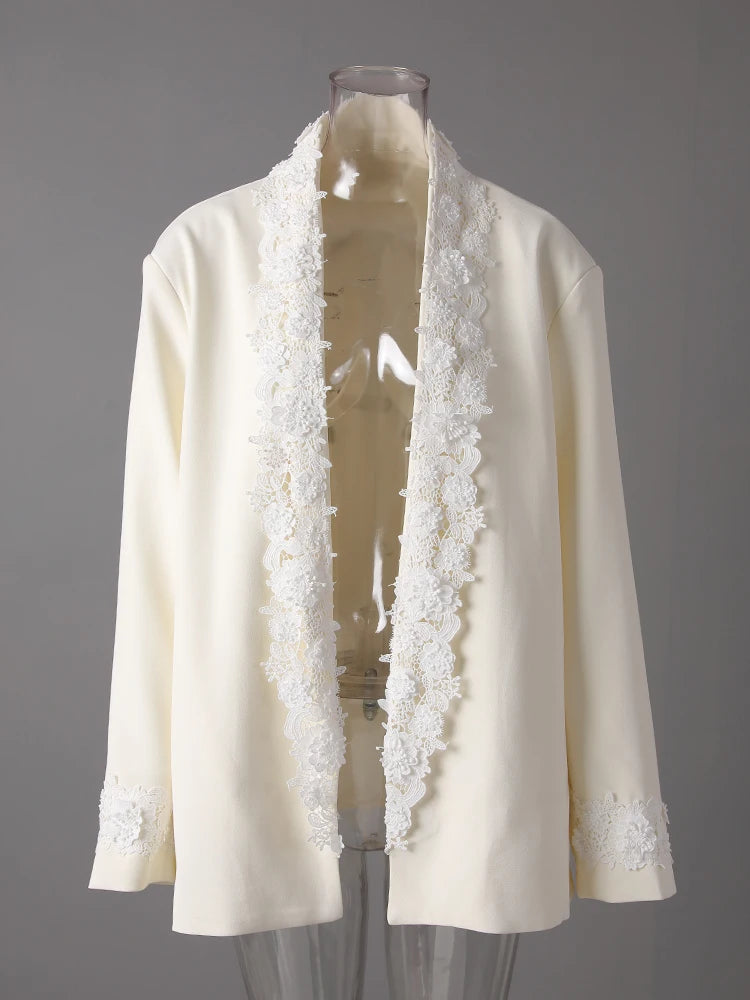 Women Apricot Lace Big Size Vintage Elegant Blazer New V-neck Long Sleeve Jacket Fashion Tide Spring Autumn 2025 CPG3179