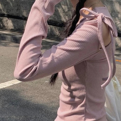 Load image into Gallery viewer, Spring Off-the-shoulder Bandage Tee Shirts Women Y2k Aesthetic Bodycon Solid Simple T-shirt Grunge Sexy Fairy Screw Thread Tops
