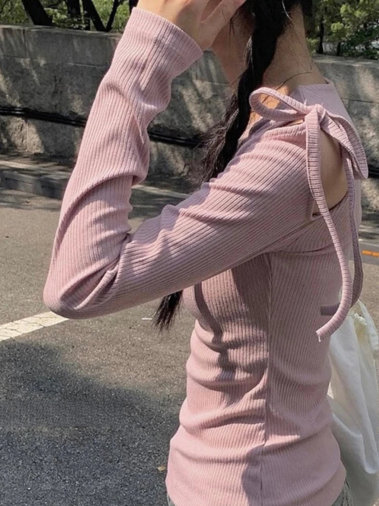 Spring Off-the-shoulder Bandage Tee Shirts Women Y2k Aesthetic Bodycon Solid Simple T-shirt Grunge Sexy Fairy Screw Thread Tops