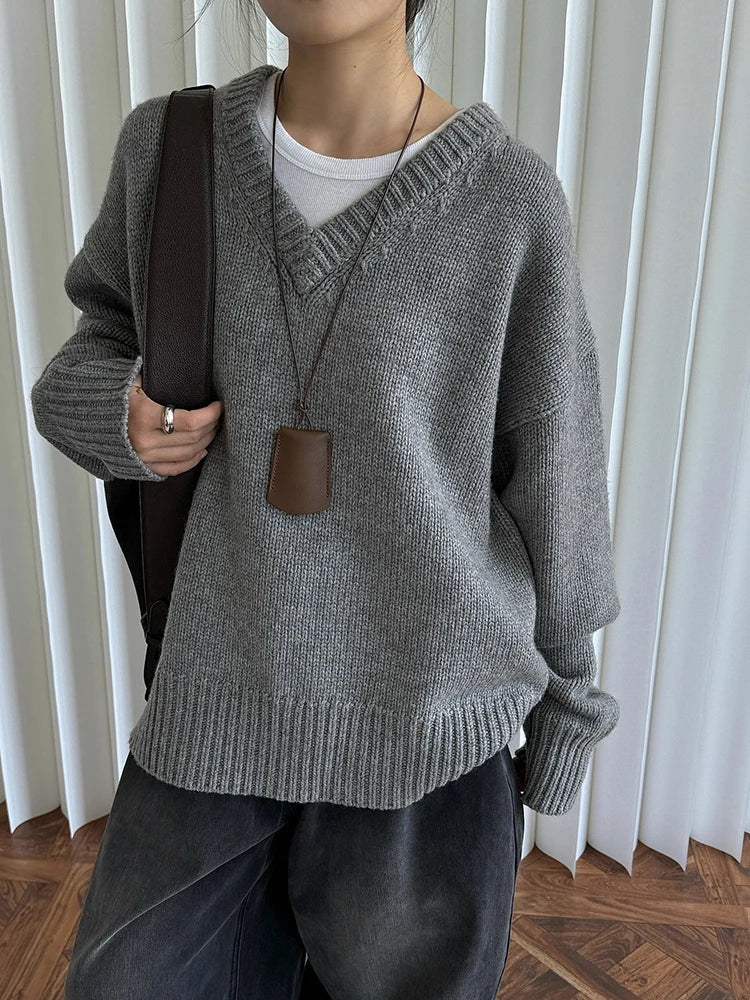50% Wool Thick Big Size Knitting Sweater V-Neck Long Sleeve Women Pullovers New Fashion Tide Spring Autumn 2025 1DH7319