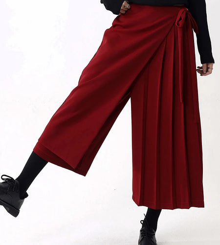 High Elastic Waist Red Pleated Bandage Elegant Wide Leg Pants New Trousers Women Fashion Tide Spring Autumn 2025 1DH9565