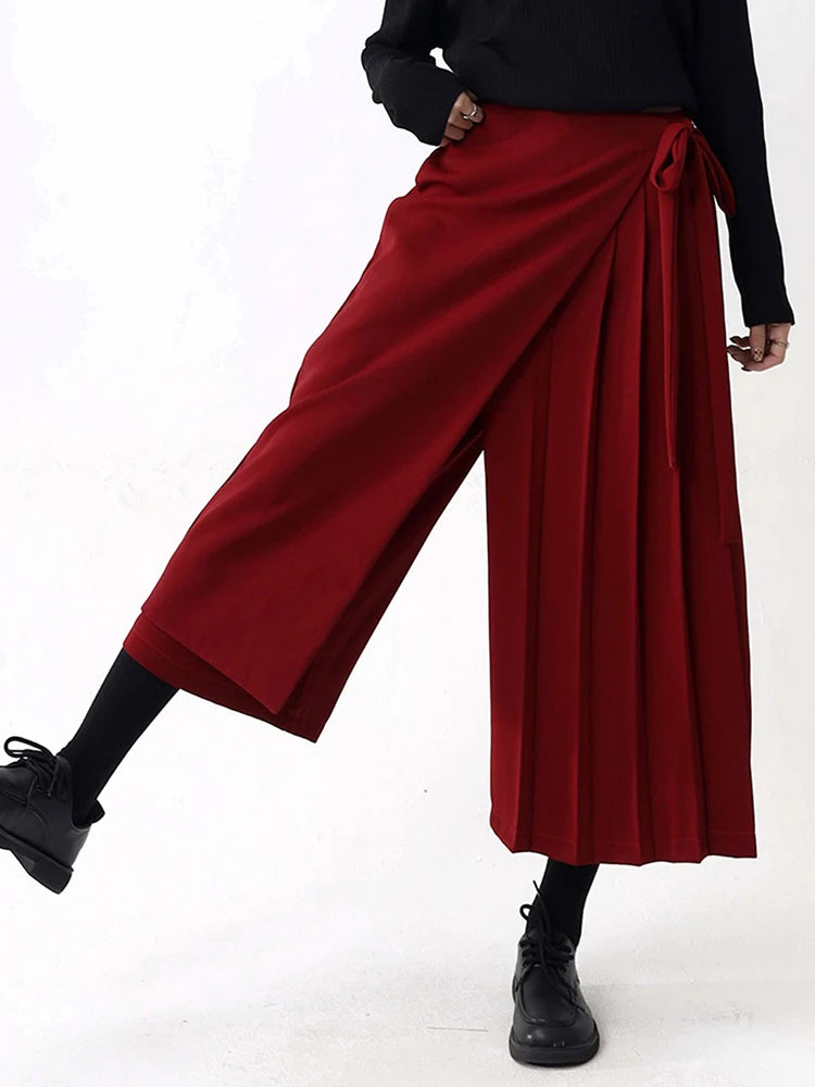 High Elastic Waist Red Pleated Bandage Elegant Wide Leg Pants New Trousers Women Fashion Tide Spring Autumn 2025 1DH9565