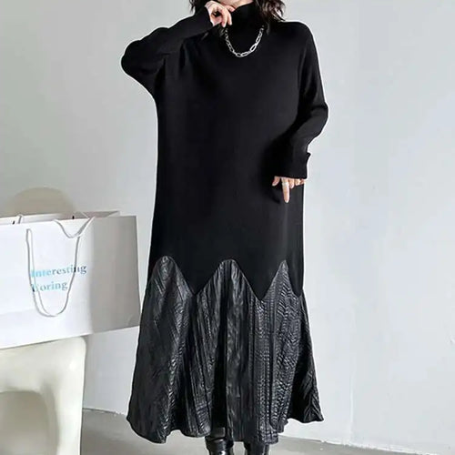 Load image into Gallery viewer, Women Black Knitting Pleated Big Size Long Dress New Turtleneck Long Sleeve Fashion Tide Spring Autumn 2025 1DH1599
