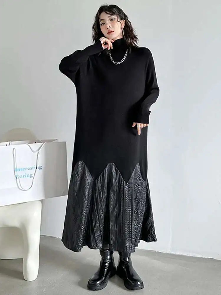 Women Black Knitting Pleated Big Size Long Dress New Turtleneck Long Sleeve Fashion Tide Spring Autumn 2025 1DH1599