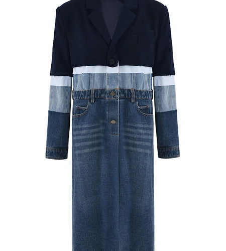 Women Blue Denim Color-block Big Size Trench New Lapel Long Sleeve Windbreaker Fashion Tide Spring Autumn 2025 1DH2825