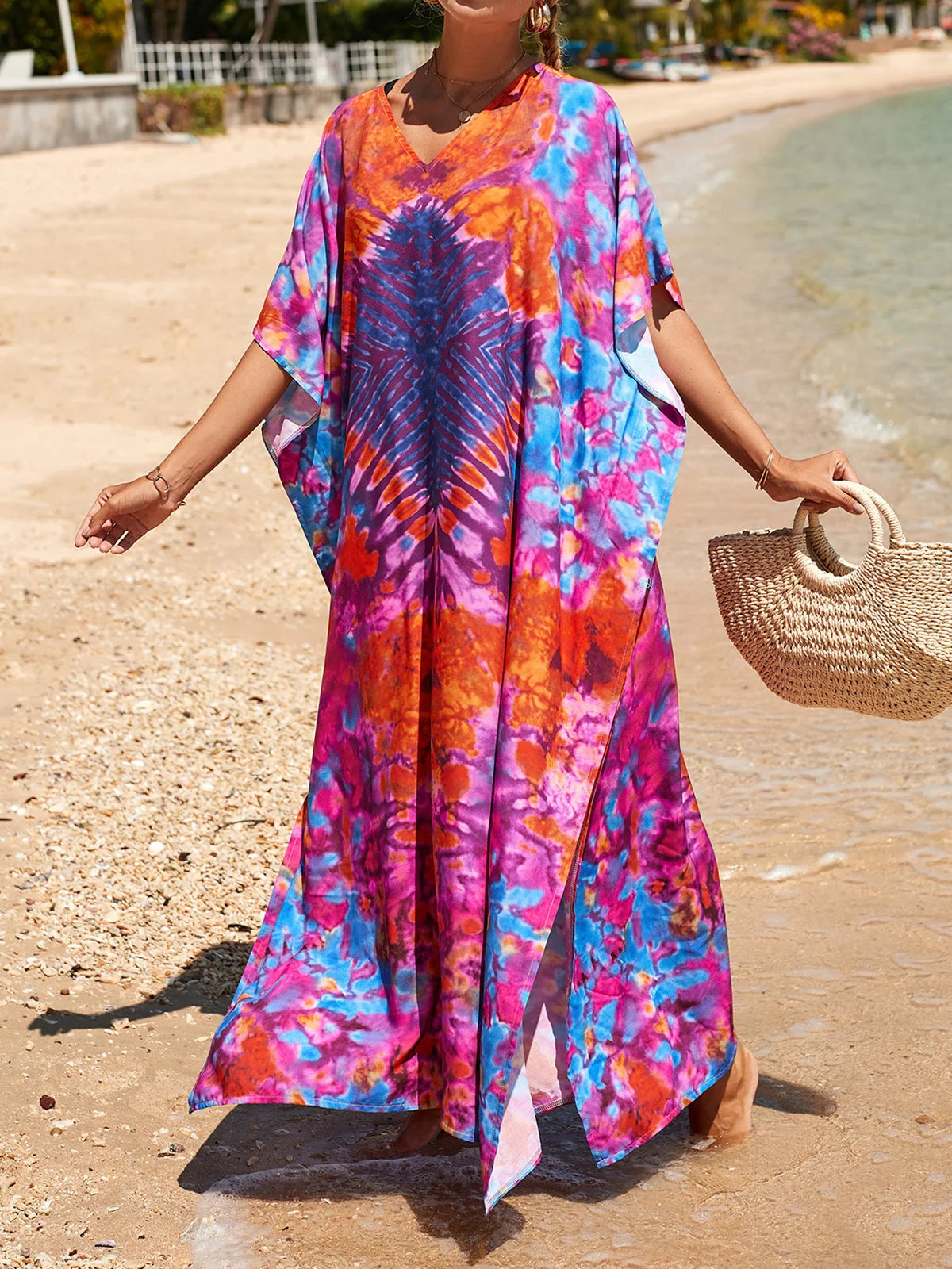 Colorful Kaftan Tunic Beach Cover Up Cover-ups Beach Dress Beach Wear Beachwear Loose Maxi Dress Female Women V4428