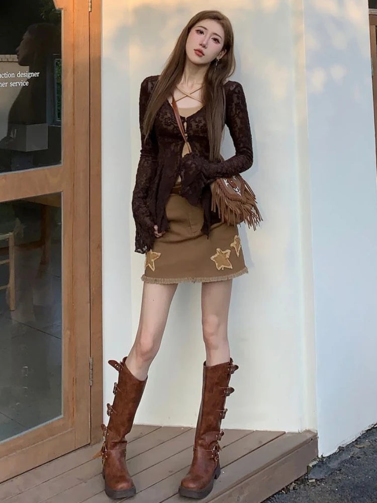 Y2k Aesthetic Two Piece Set Spring Flare Slleve Sexy Printing Cardigan + Streetwear Halter Crop Vest Top 2 Suits Summer Grunge