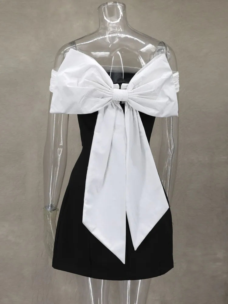 Bow Backless Sexy Mini Dress For Women Robe Elegant Off-shoulder Strapless Sleeveless A-line Club Sexy Dress Vestido