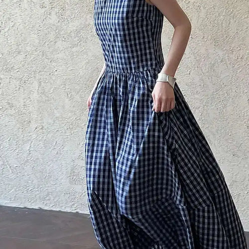 Load image into Gallery viewer, Women Dark Blue Plaid Pocket Vintage Long Elegant Vest Dress New V-Neck Sleeveless Fashion Tide Spring Summer 2025 1DJ0667
