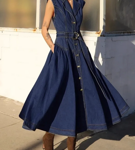 Fashion Spliced Single Breasted Cowboy Dresses for Women Lapel Sleeveless Patchwork Belt Temperament Dress Female