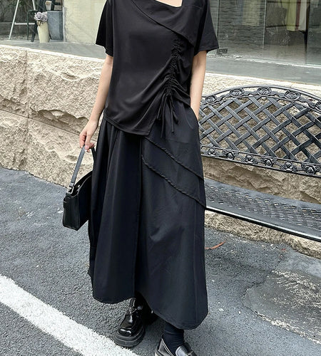 Women Black Irregular Drawstring Big Size T-shirt New Skew Collar Short Sleeve Fashion Tide Spring Summer 2025 1DJ1374