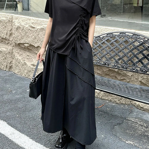 Load image into Gallery viewer, Women Black Irregular Drawstring Big Size T-shirt New Skew Collar Short Sleeve Fashion Tide Spring Summer 2025 1DJ1374
