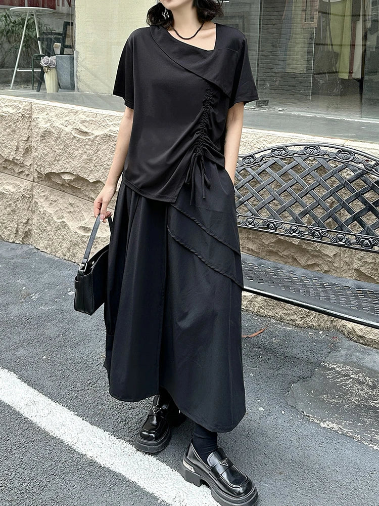 Women Black Irregular Drawstring Big Size T-shirt New Skew Collar Short Sleeve Fashion Tide Spring Summer 2025 1DJ1374