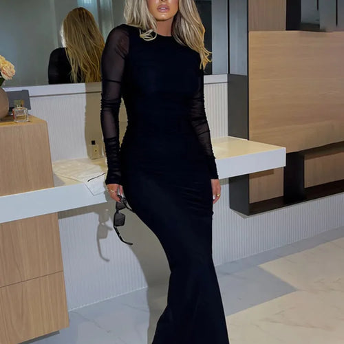 Load image into Gallery viewer, Black Sexy Maxi Dress Women Autumn New Sheer Mesh Long Sleeve Slim Fit Dress Ladies Elegant Bodycon Dresses Clubwear
