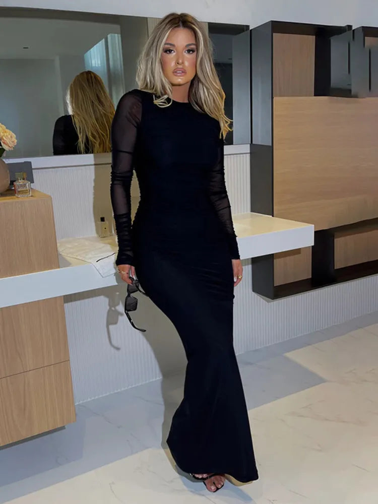 Black Sexy Maxi Dress Women Autumn New Sheer Mesh Long Sleeve Slim Fit Dress Ladies Elegant Bodycon Dresses Clubwear