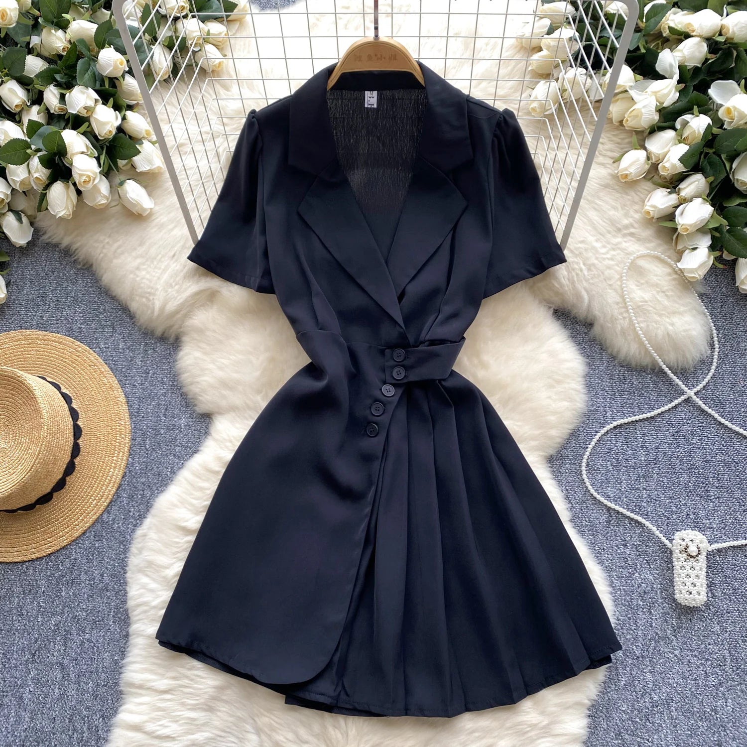 Women Black Single Breasted Temperament Blazer Dress 2024 Summer Clothing Green Elegant Office Short Sleeve Pleated Mini Dresses