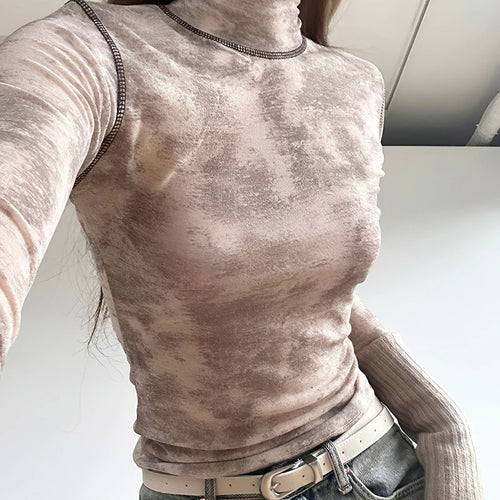 Load image into Gallery viewer, Harajuku Tie Dye Stitched Turtleneck T shirt Female Patched Slim Casual Autumn Tee Tops Y2K Vintage Pullover Outfits
