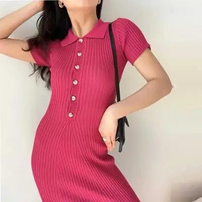 Load image into Gallery viewer, Korean Version Summer Solid Elegant Office Lady Button Knitted Long Dress Women's Slim Short Sleeve Wrapped Hip Fishtail Dresses
