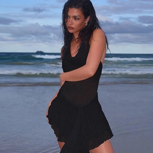 Load image into Gallery viewer, See Through Lace Halter Sexy Mini Dress Women Robe Halter Deep V Neck Backless Draped Ruffled Club Party Beach Dress
