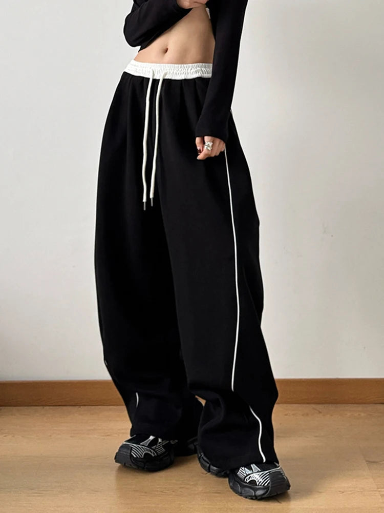 High Elastic Waist Drawstring Color-block Long Wide Leg Pants New Trousers Women Fashion Tide Spring Autumn 2025 1DH9621