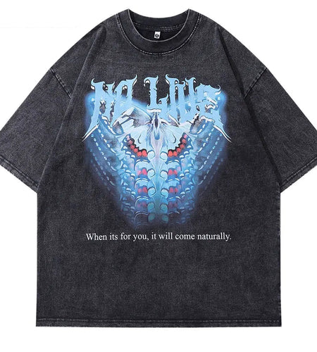 Men Vintage T-Shirt Retro Butterfly Graphic Print Black Washed Tshirt Streetwear 2024 Hip Hop Harajuku Loose Punk Cotton Tops