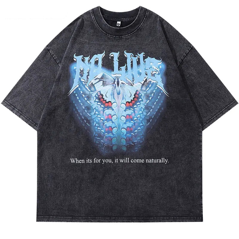 Men Vintage T-Shirt Retro Butterfly Graphic Print Black Washed Tshirt Streetwear 2024 Hip Hop Harajuku Loose Punk Cotton Tops