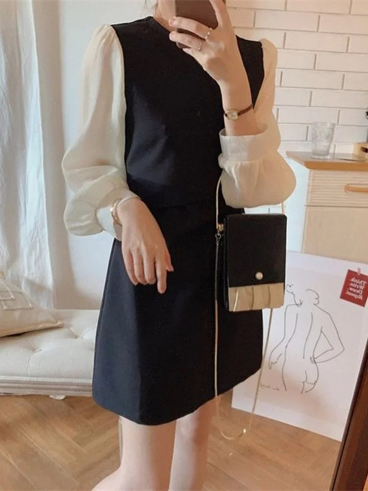 Autumn Chiffon Mini Dress Women Casual Long Sleeve Short Dresses Vintage Retro Office Laides Korean Kpop Fashion