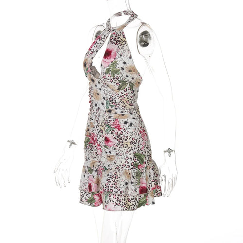 Load image into Gallery viewer, Hollow Out Halter Print Mini Dress For Women Robe Fashion Sleeveless Backless High Waist Ruffled Club Party Dress
